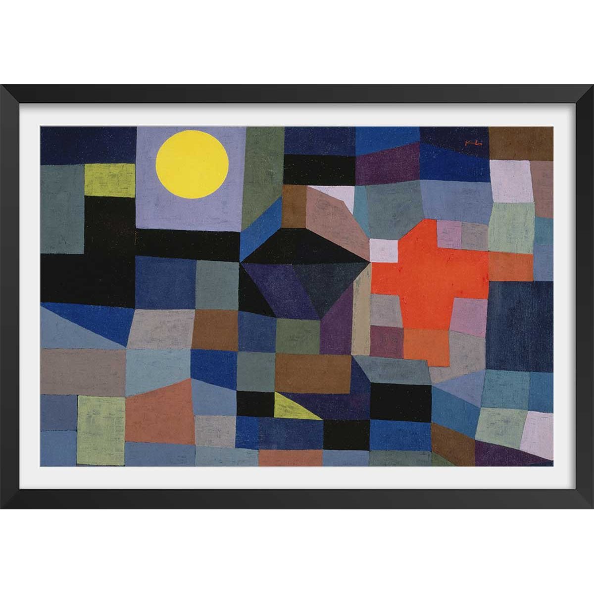 Poster Feu par pleine lune par Paul Klee affiche + cadre en bois - noir, HEXOA