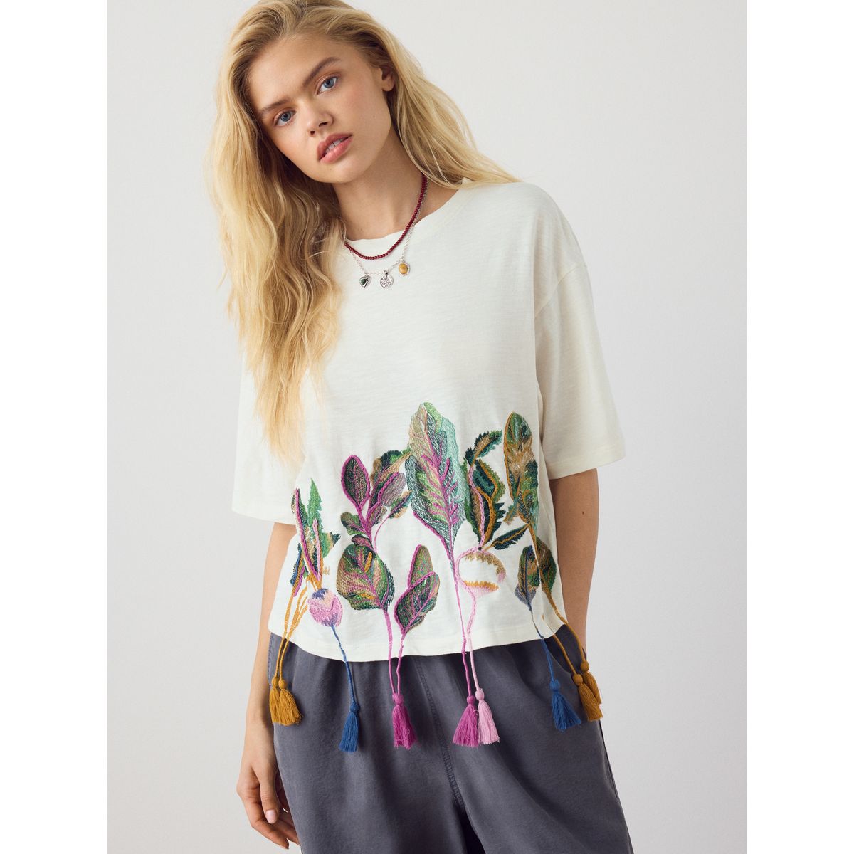 T-shirt à manches courtes avec légumes brodés écru, NEXT