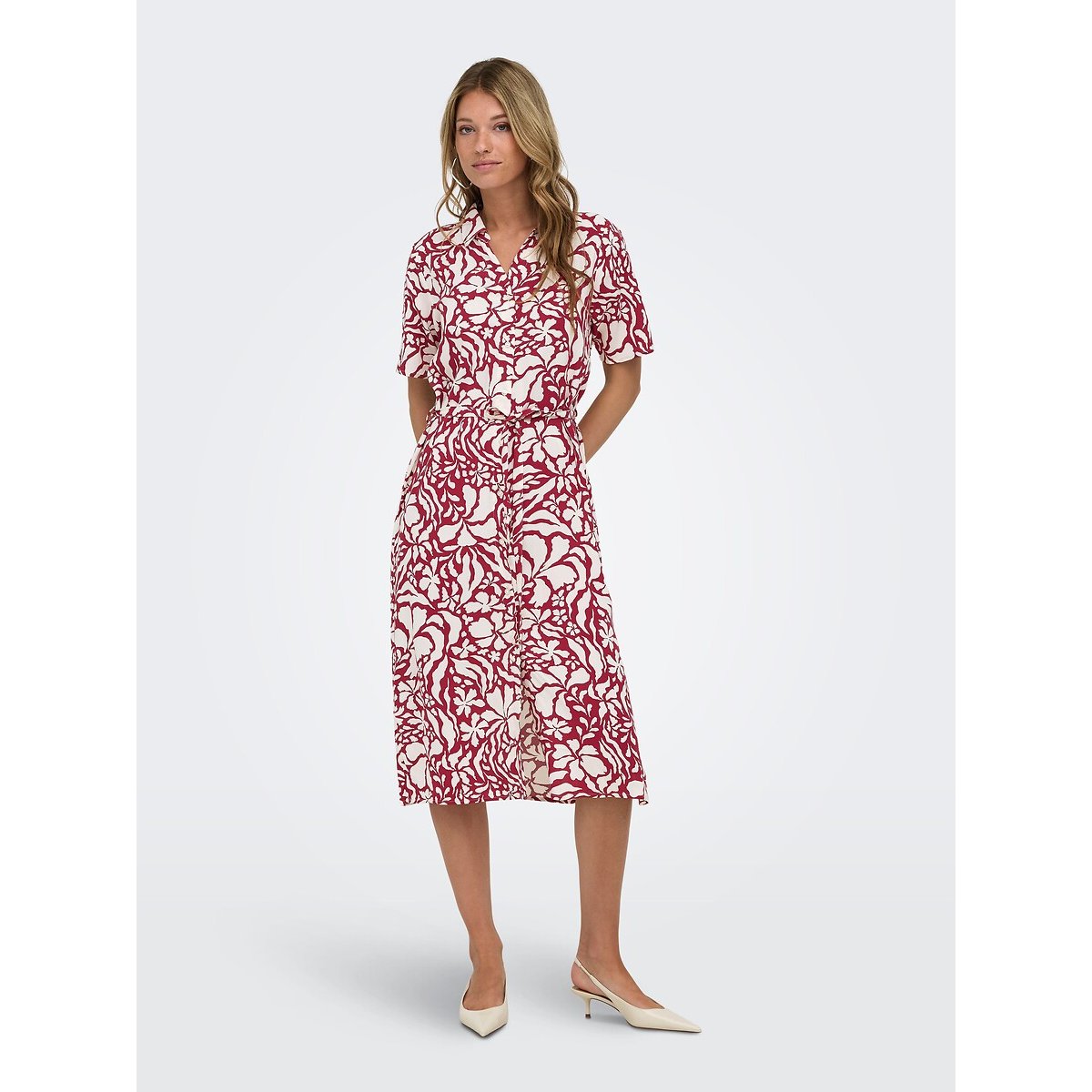 Printed Maxi Dress with Belted Short Sleeves printed red/white, ONLY