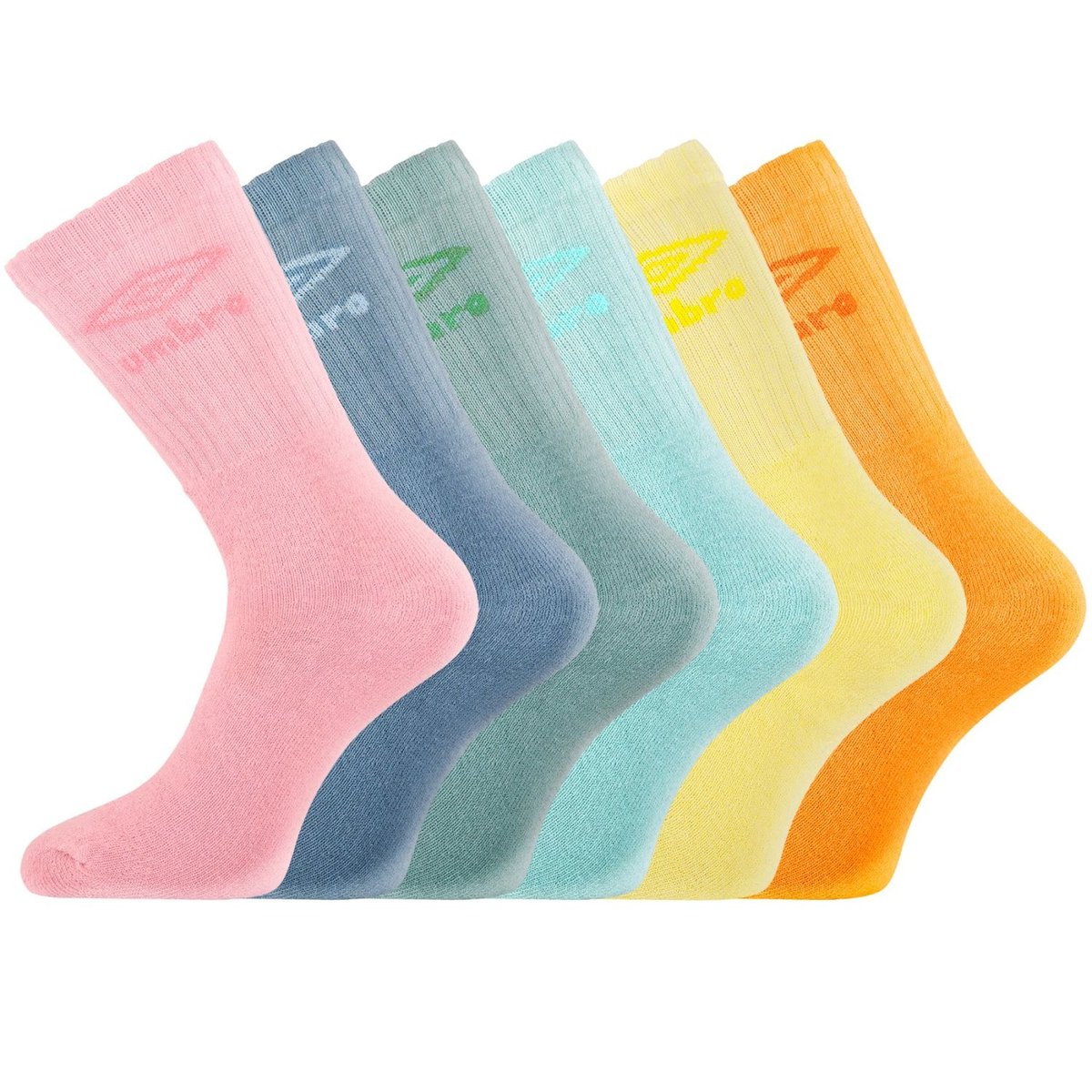Lot De 6 Paires De Chaussette Tennis jaune pâle/bleu clair/mauve/vert/orange/rose clair, UMBRO