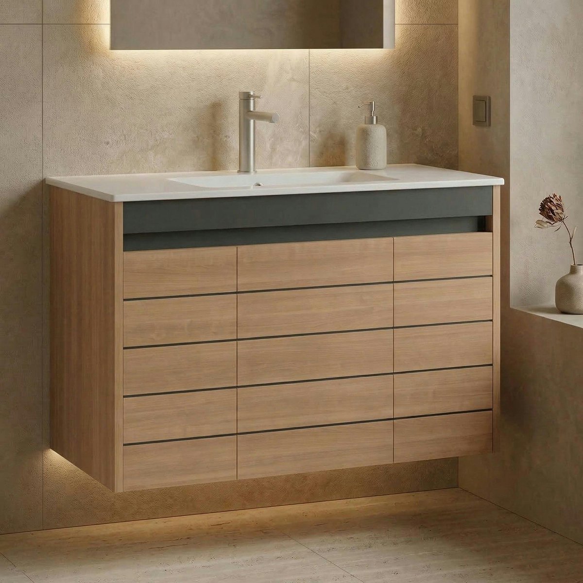 Meuble vasque suspendu 100 cm décor chêne 3 portes AÏGA bois naturel, PIER IMPORT