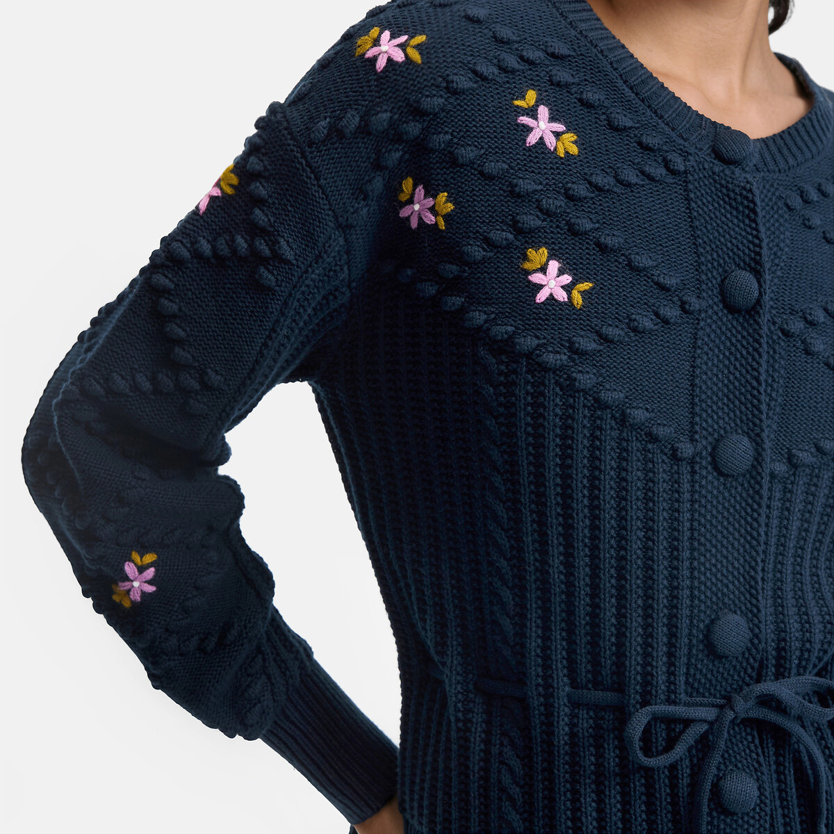 Cardigan brodé fleurs, avec lien à la taille bleu marine, LA REDOUTE COLLECTIONS