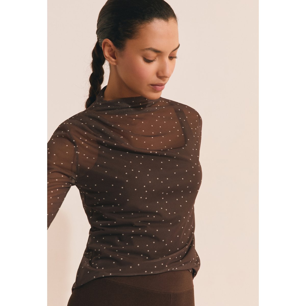T-shirt manches longues en tulle A CAISSY chocolat, ETAM