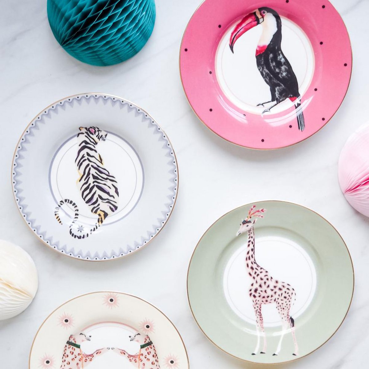Set 4 Assiettes Safari 16cm multicolor , détails bords dorés, YVONNE ELLEN