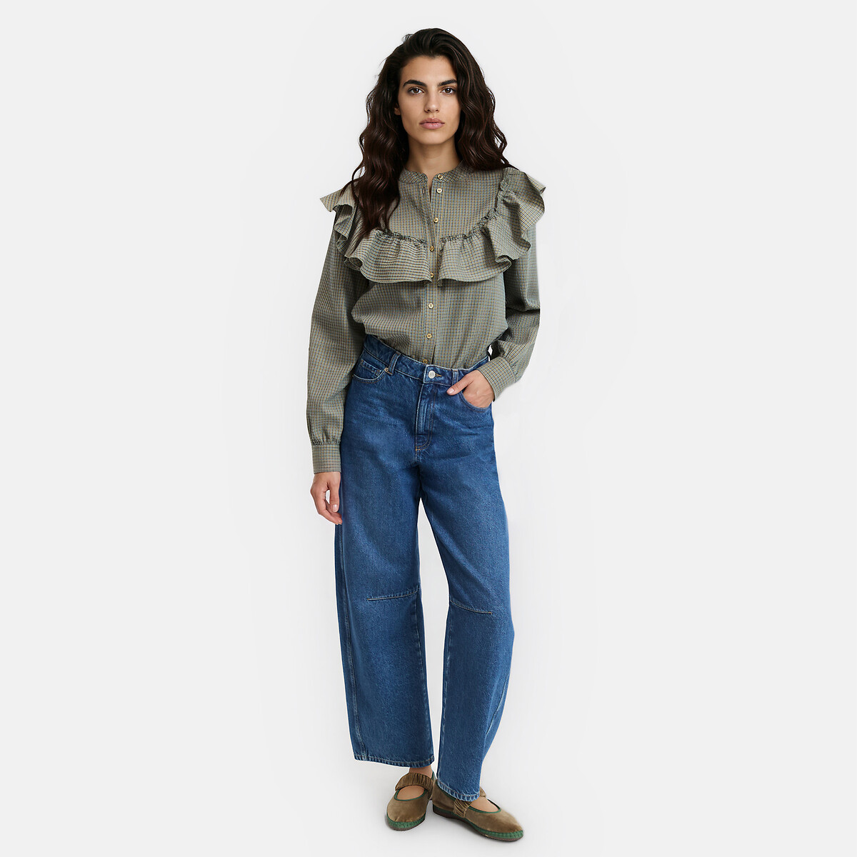 Chemise col rond à carreaux et volant  carreaux vert/marine, LA REDOUTE COLLECTIONS