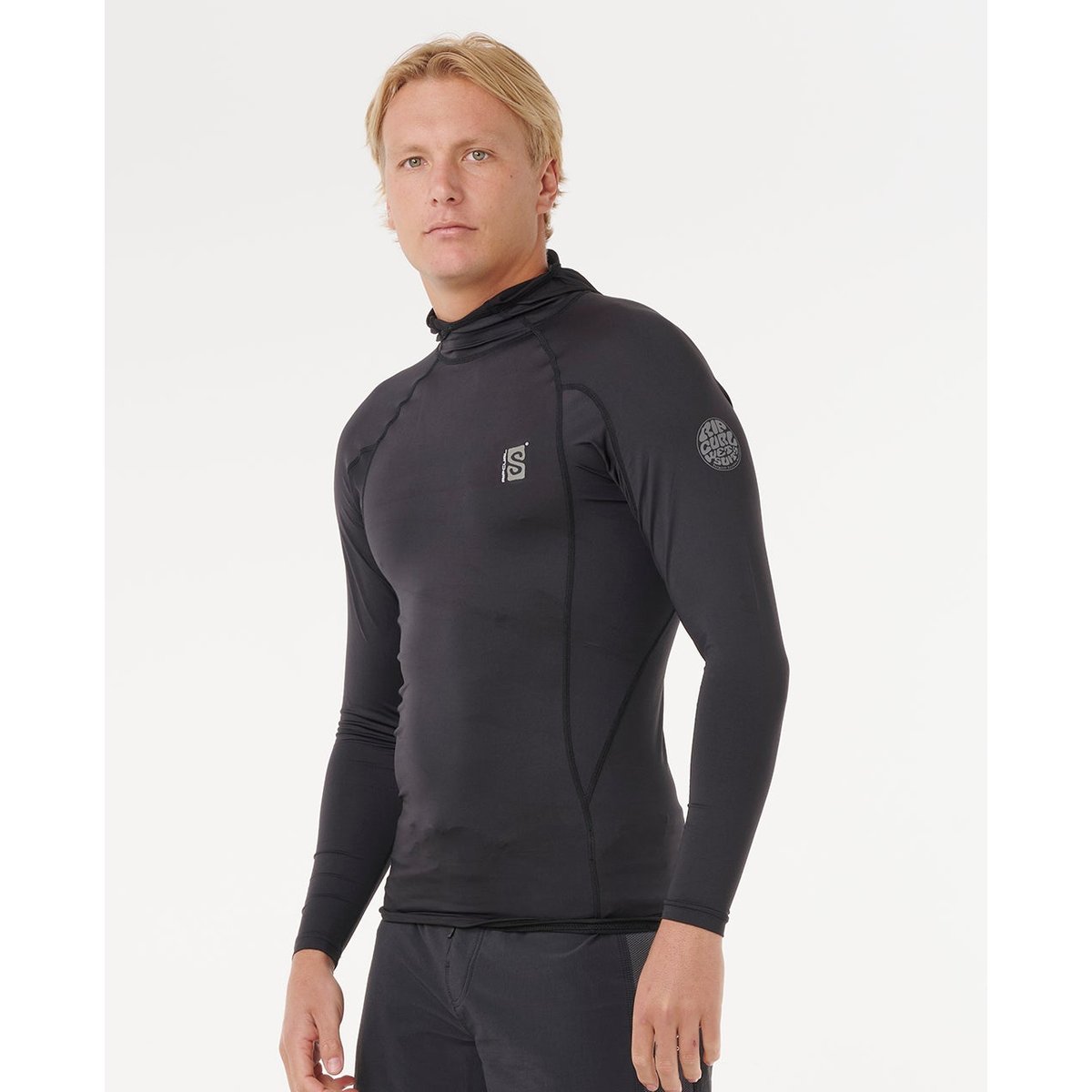 T-shirt anti-UV SEARCH UPF50 Performance capuche manches longues noir, RIP CURL