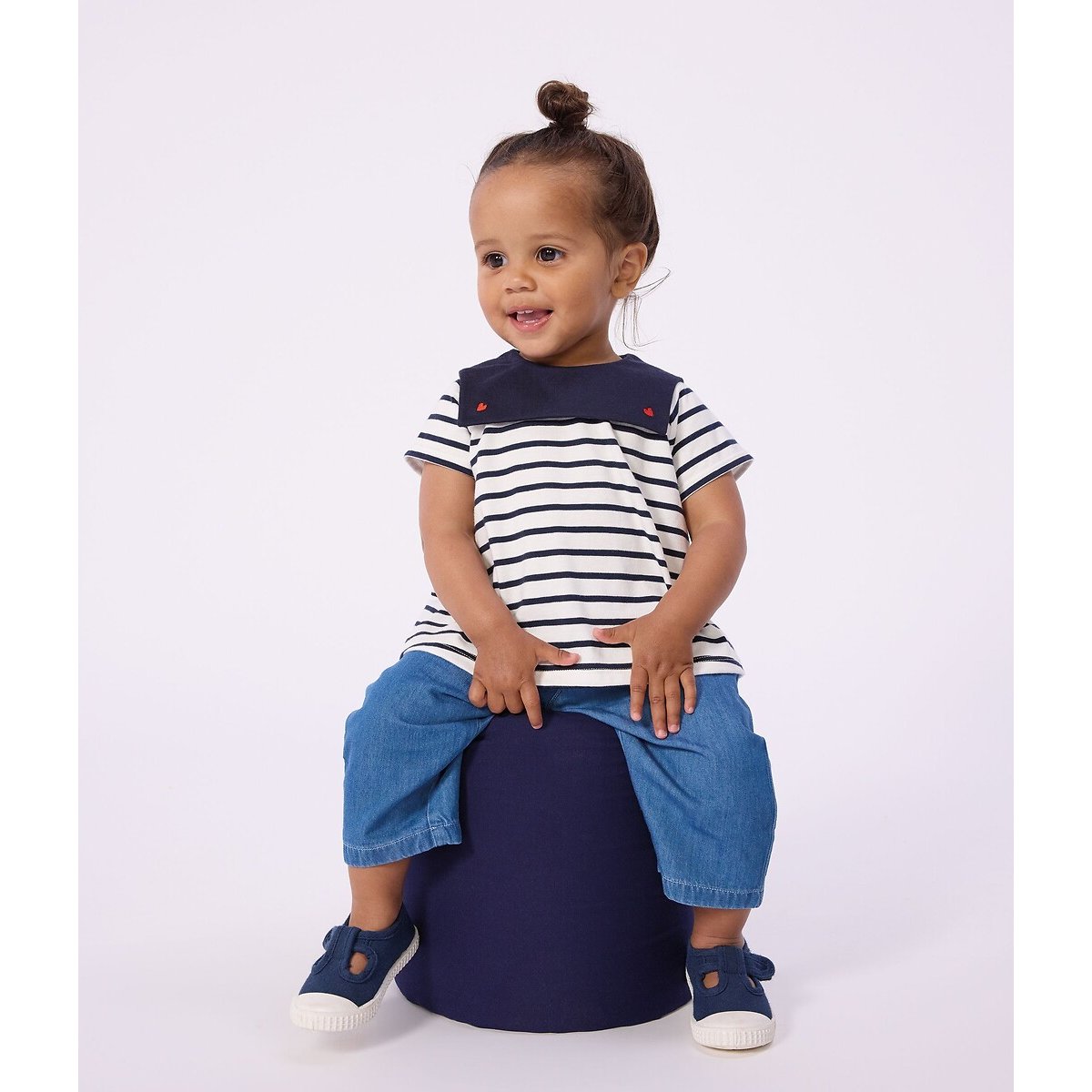 Katoenen bloesje, marinestreepjes, met geborduurde kraag gestreept blauw, PETIT BATEAU