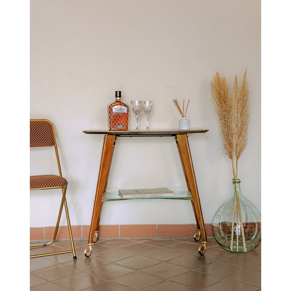 Desserte à roulettes en bois et verre mid-century Anouk N°359 - Bon état bois clair, DEBONGOUT