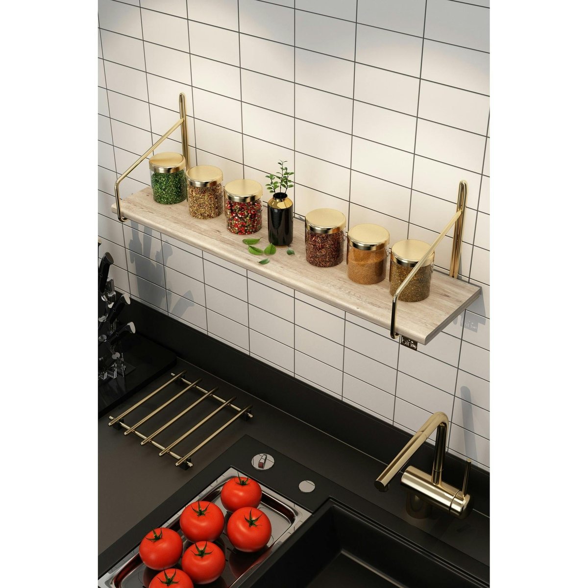 Étagère murale cuisine - bois clair, supports dorés AVIALA bois naturel, PIER IMPORT