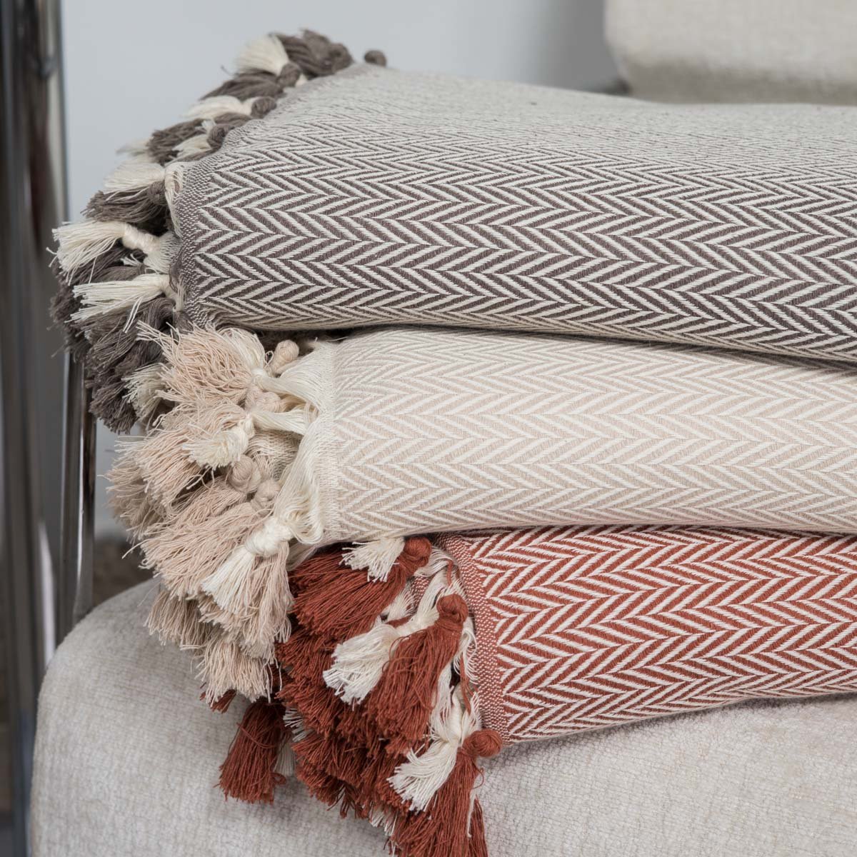 Plaid coton MEGEVE taupe clair, FEBRONIE