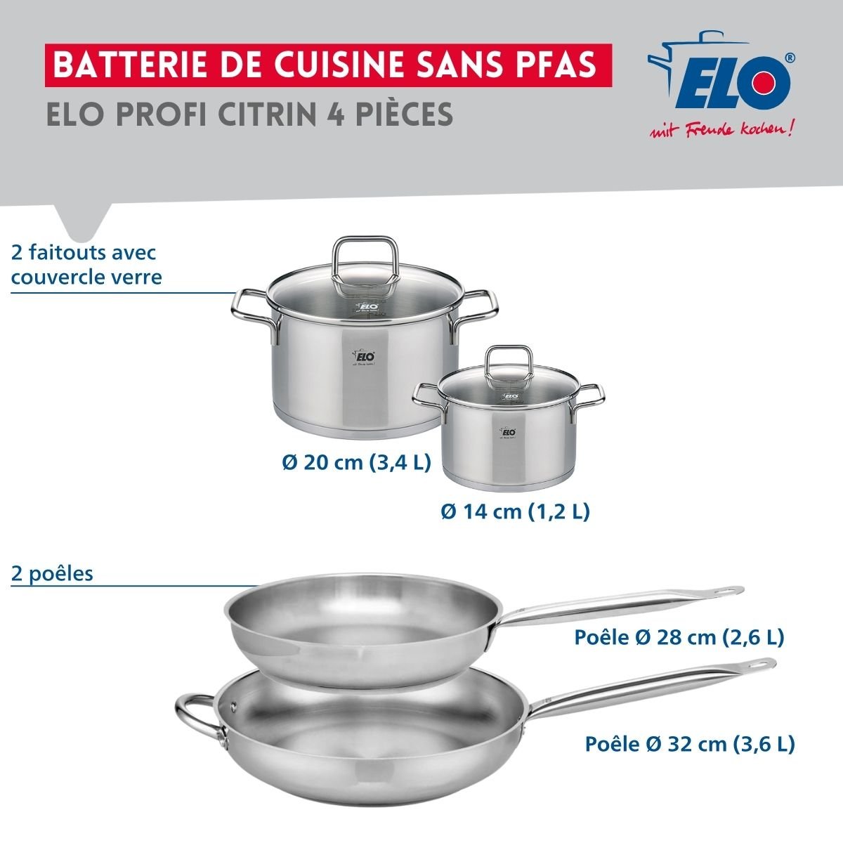 Batterie 2 poêles 28/32cm + 2 faitouts 14/20cm PROFI CITRIN inox, ELO