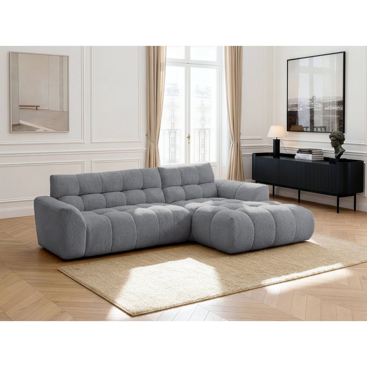 Canapé d'angle fixe 3 places en tissu chenille, JAYA gris, BOBOCHIC