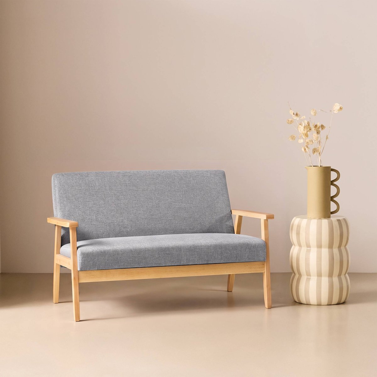 Canapé banquette 2 places bois d'hévéa tissu ISAK gris clair, SWEEEK