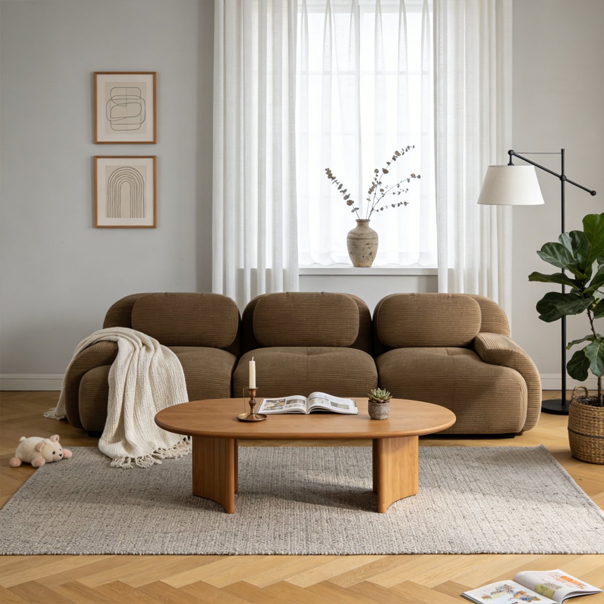 Canapé droit 3 places en velours côtelé design moderne, SNOW marron, MEUBLES COSY