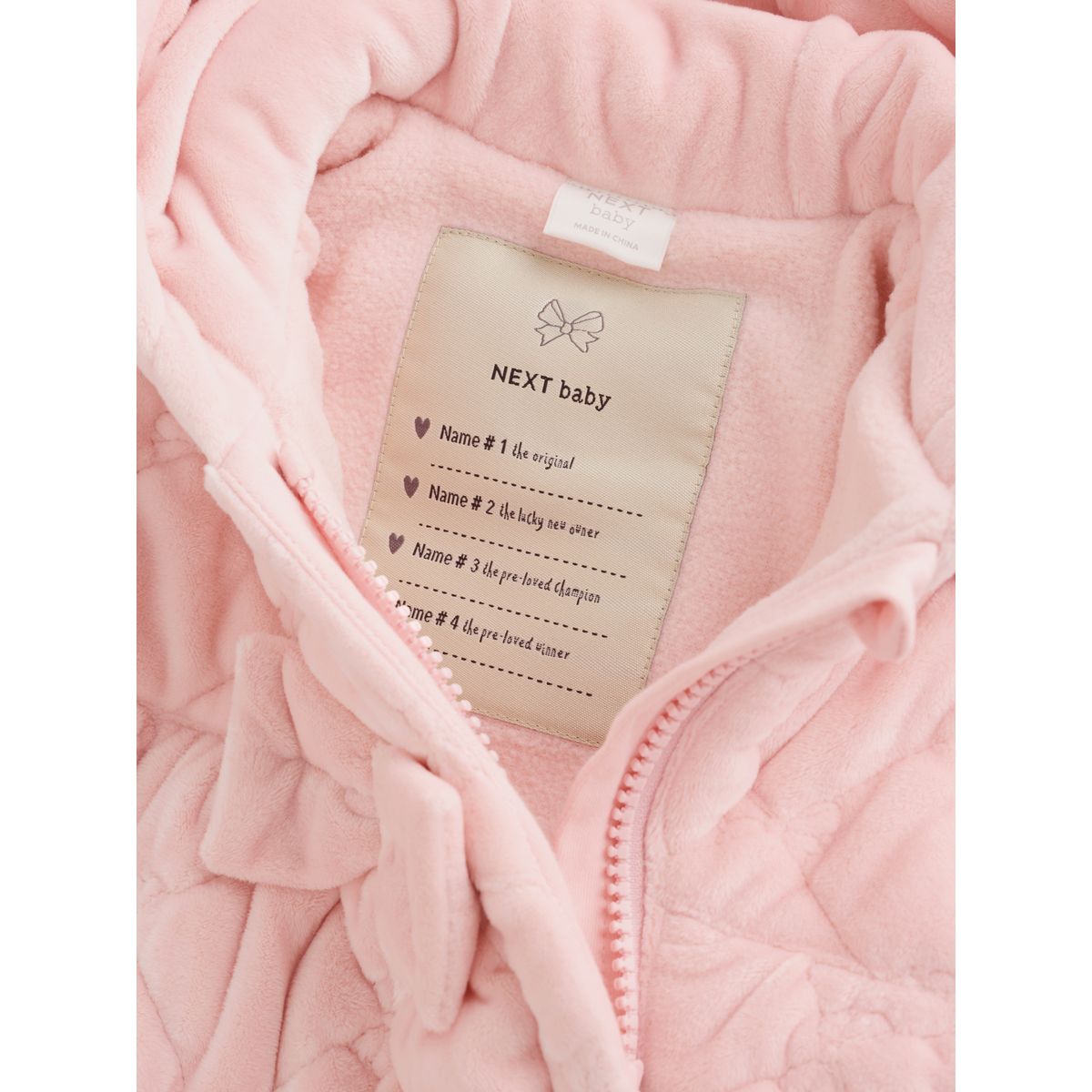 Combinaison intégrale bébé matelassée fermeture éclair en velours rose, NEXT