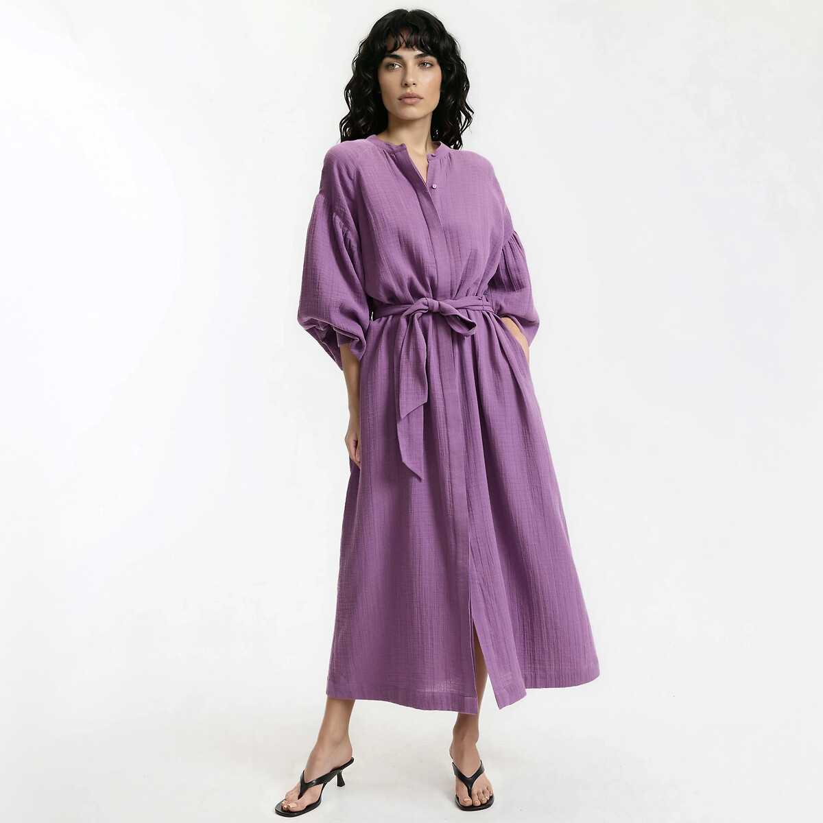 Robe longue manches longues ceinturée violet, LA REDOUTE COLLECTIONS