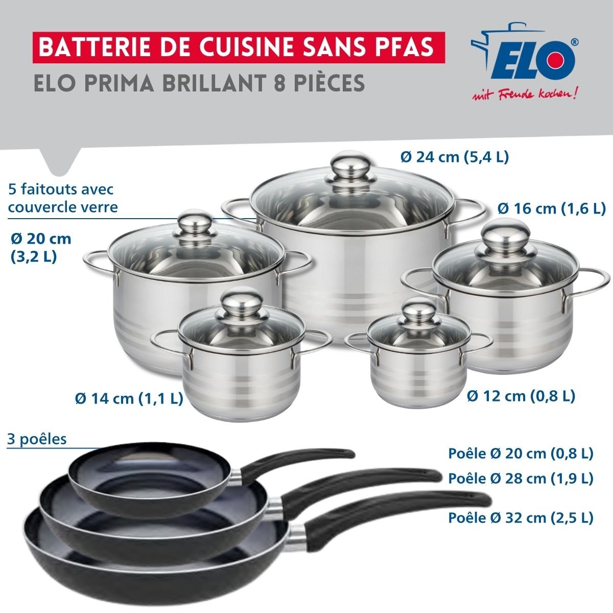 3 poêles 20/28/32cm + 5 faitouts 12/14/16/20/24cm PRIMA BRILLANT noir, ELO