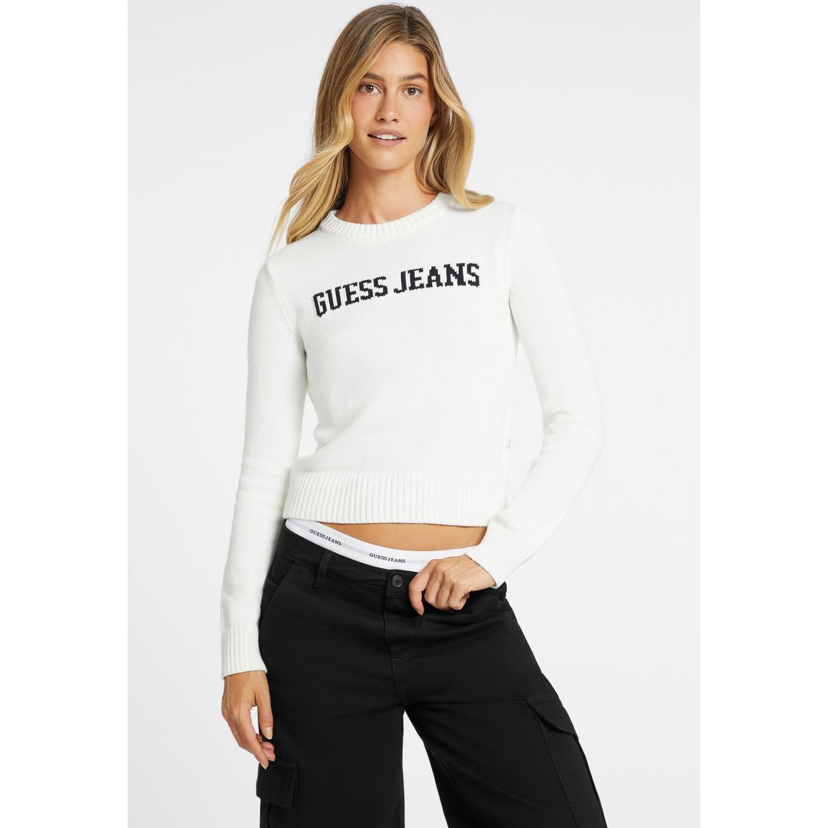 Pull Avec Logo Intarsia crème, GUESS JEANS