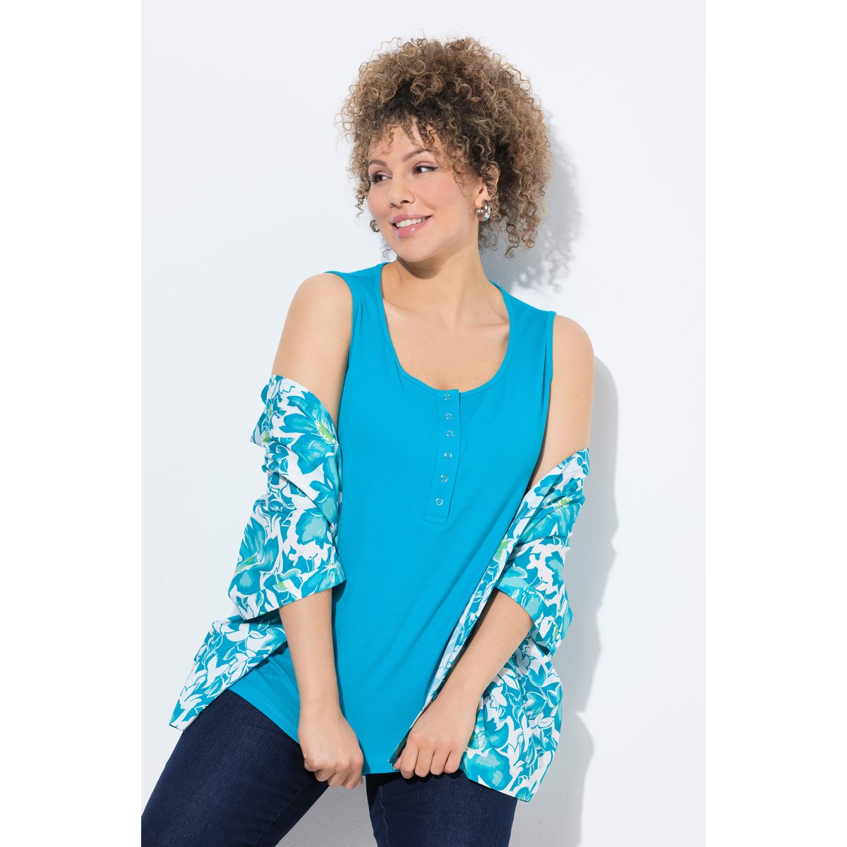 Débardeur long en jersey côtelé. Col rond bleu turquoise, ULLA POPKEN