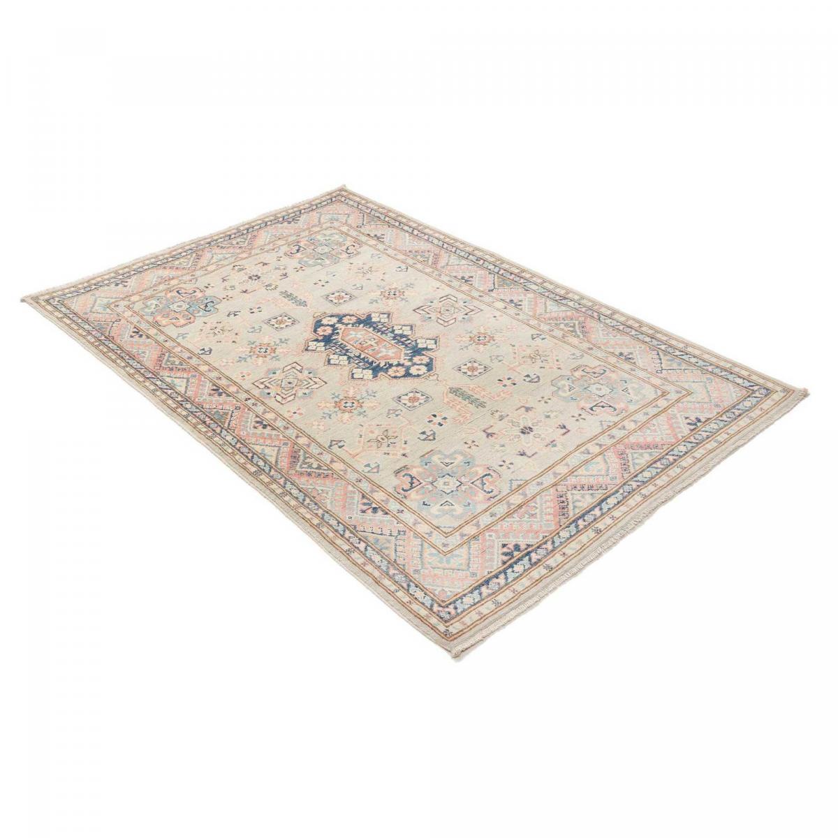 Tapis salon géométrique, noué main en laine, KAZAK CO 56 crème, bleu, rose, UN AMOUR DE TAPIS