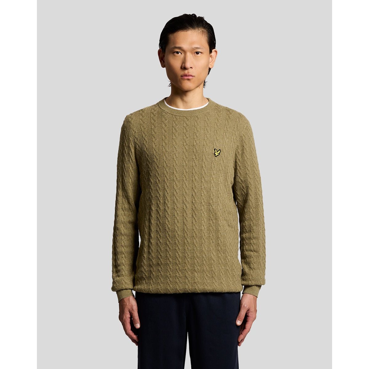 Pull en mélange de lin côtelé col rond vert herbe chiné, LYLE & SCOTT