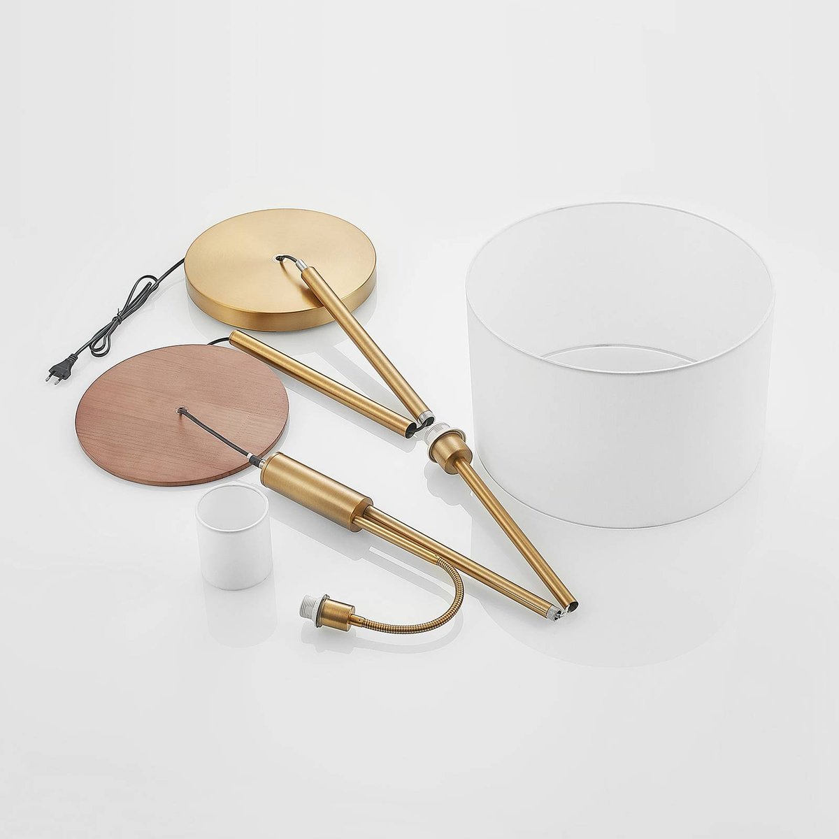 Lampadaire en métal moderne, Aovan bronze, blanc crème, bois foncé, LINDBY