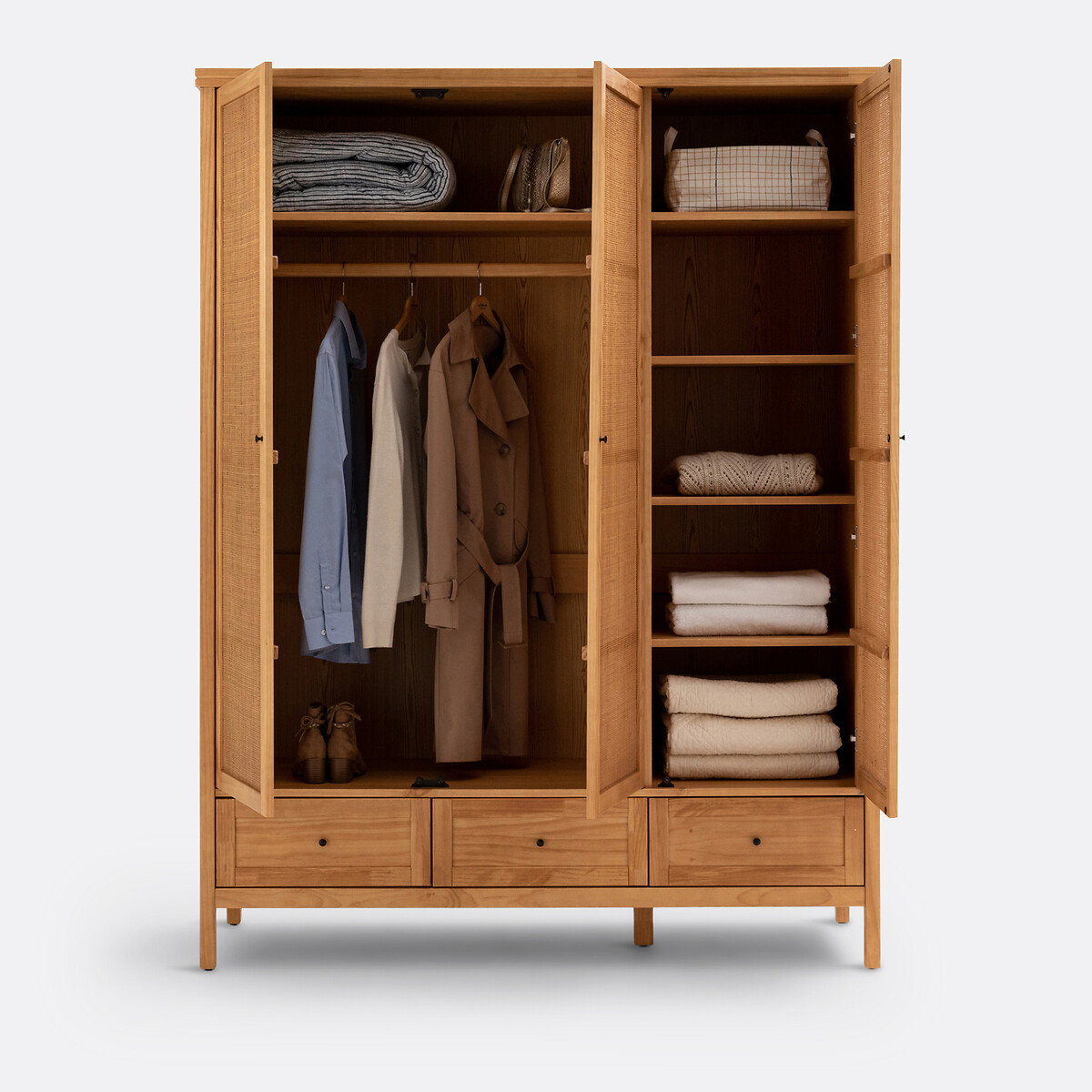 Armoire 3 portes pin massif et cannage, Gabin naturel, LA REDOUTE INTERIEURS