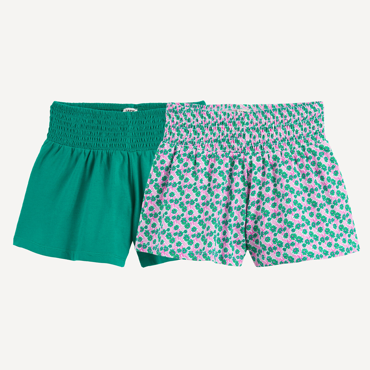 Lot de 2 shorts, avec taille smockée, en maille fantaisie vert + imprimé vert, LA REDOUTE COLLECTIONS