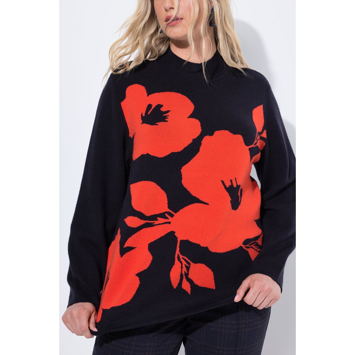 Pull, fleurs, oversize, col montant marine, ULLA POPKEN