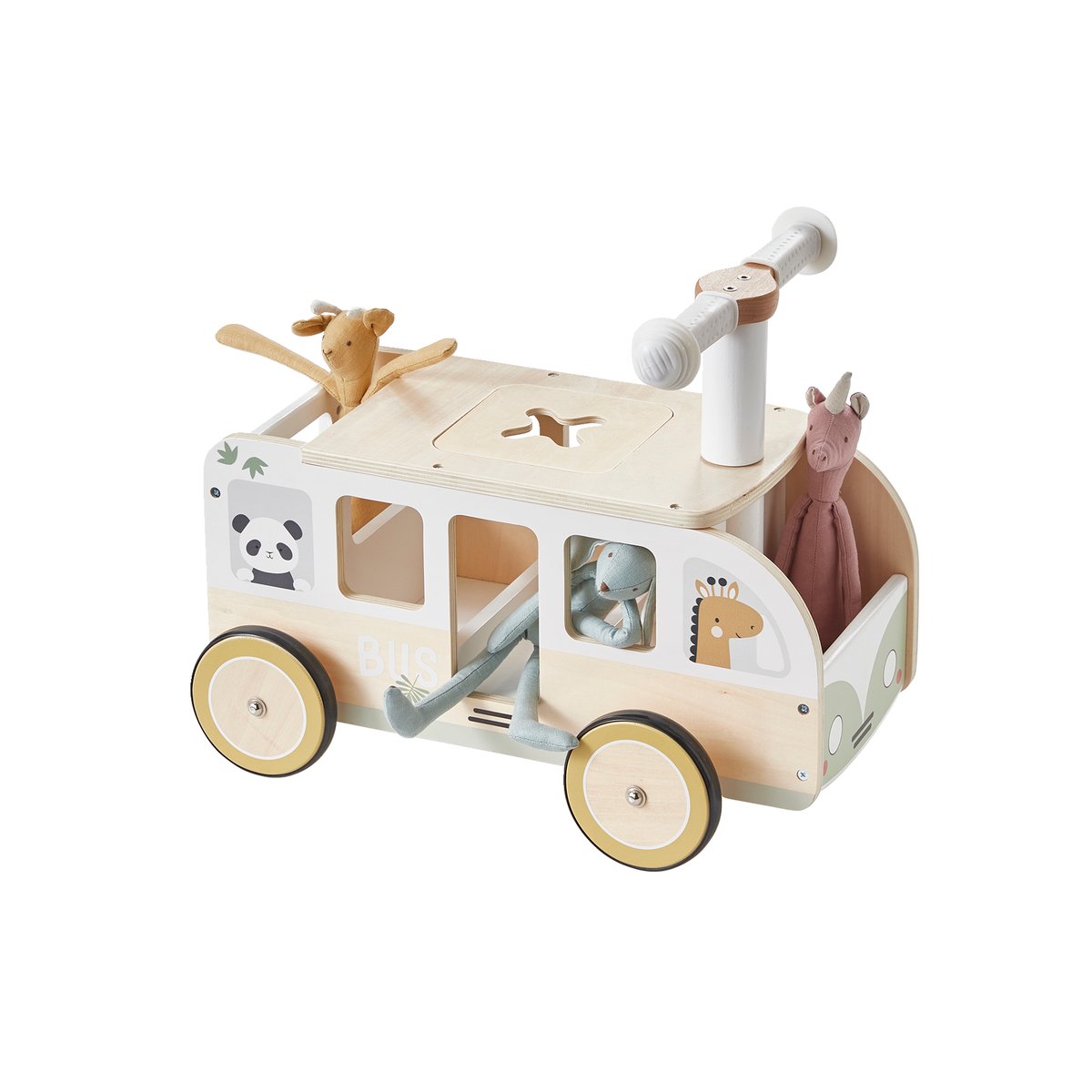 Porteur bus à doudous HANOÏ en bois blanc moyen uni avec decor, VERTBAUDET