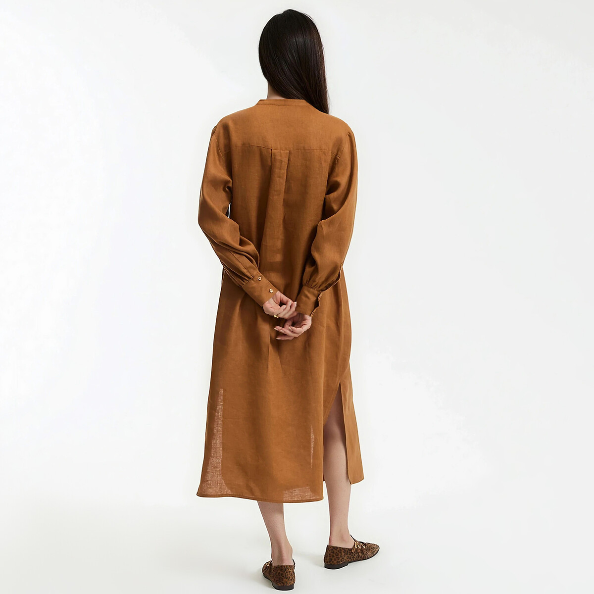 Linen Maxi Shift Dress with Long Sleeves camel brown, LA REDOUTE COLLECTIONS