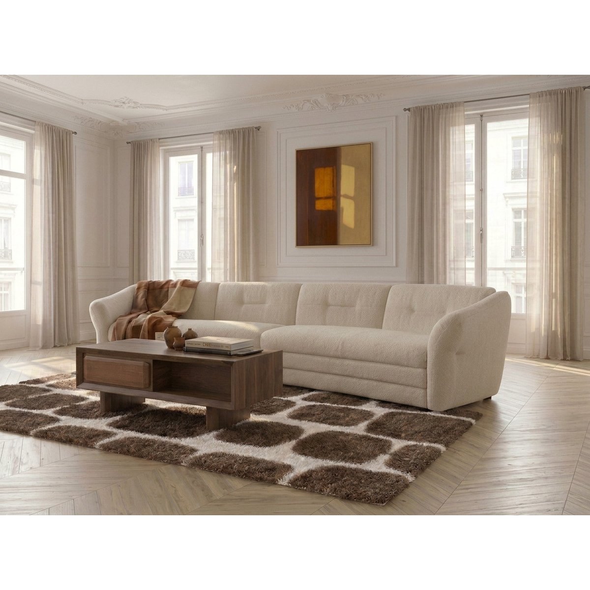 Canapé droit fixe 4 places en tissu chiné, MARBLE beige, BOBOCHIC