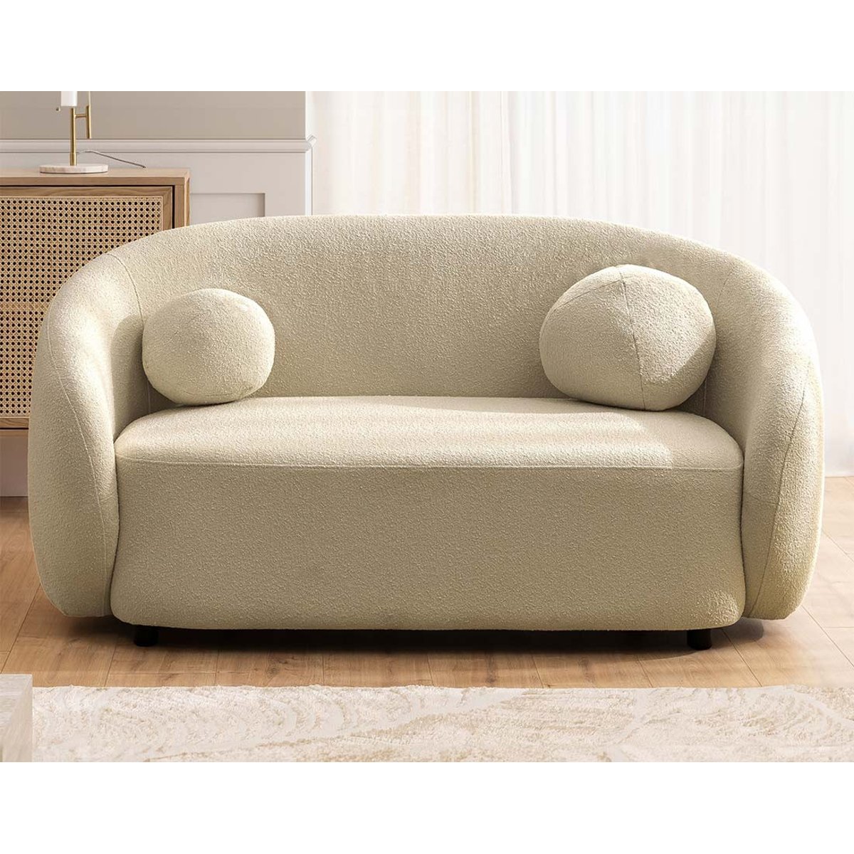 Flore - Canapé droit 2 places en tissu bouclette taupe, LISA DESIGN