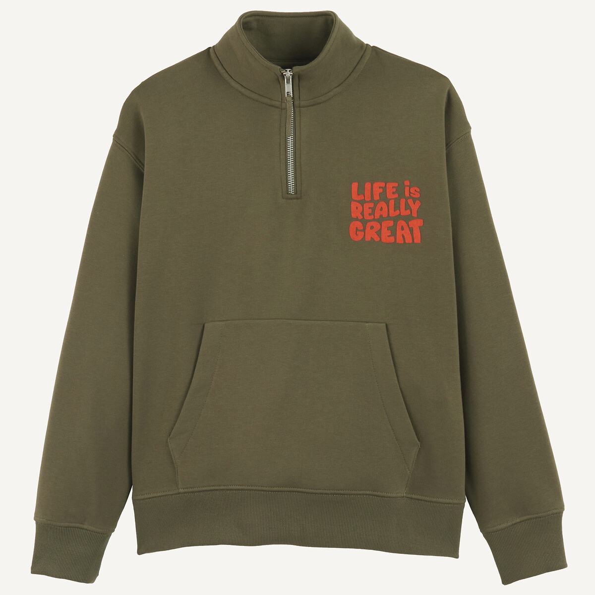 Felpa trucker con zip e messaggio stampato, in pile verde kaki, LA REDOUTE COLLECTIONS