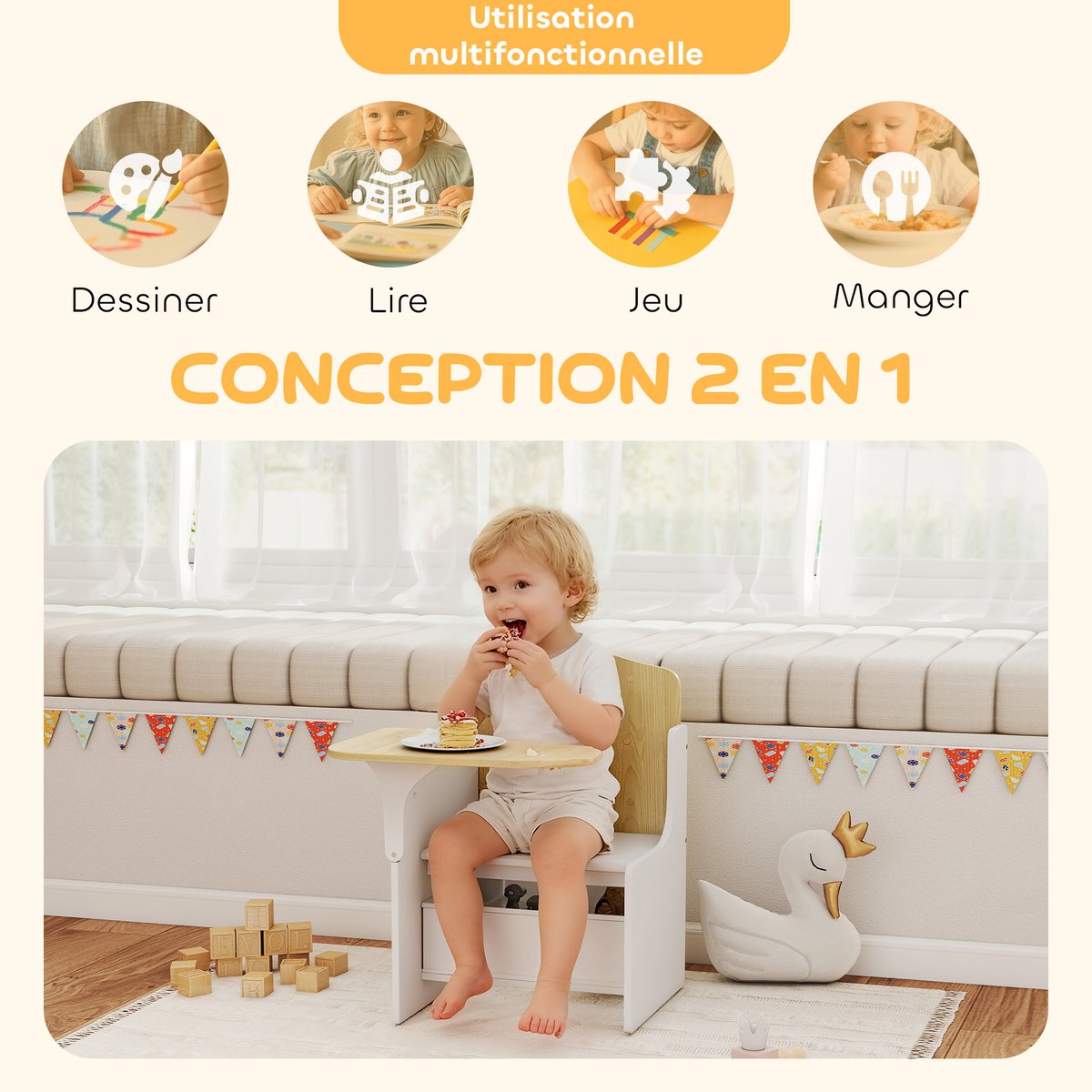 Ensemble table et chaises pour enfants MDF blanc, bois clair, AIYAPLAY