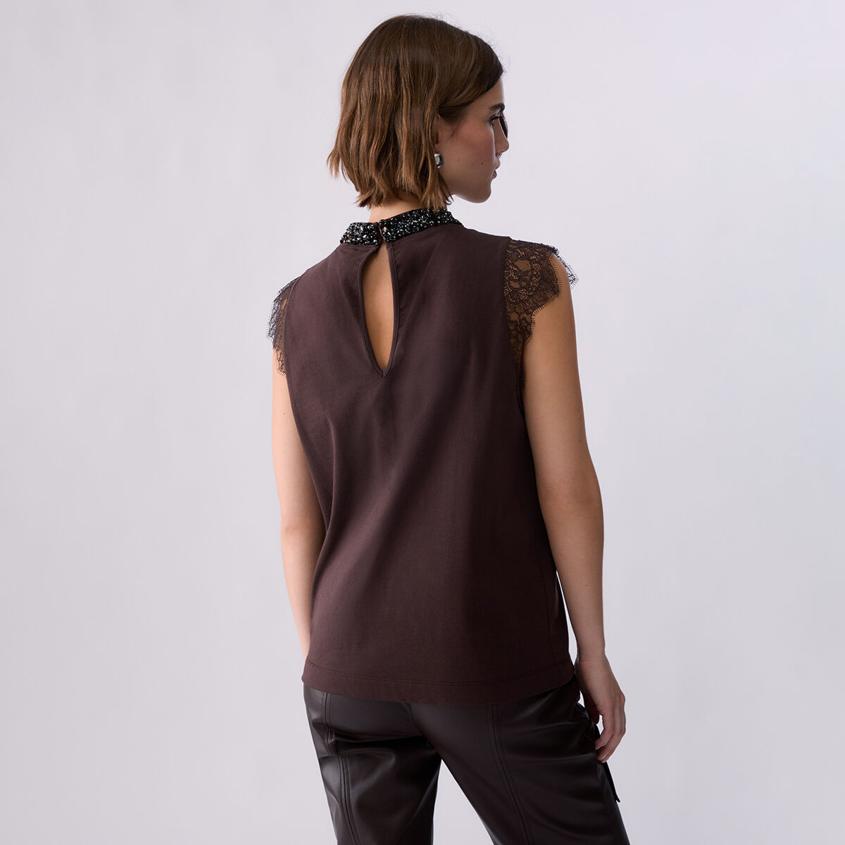 T-shirt avec dentelle et strass moka, LIU JO