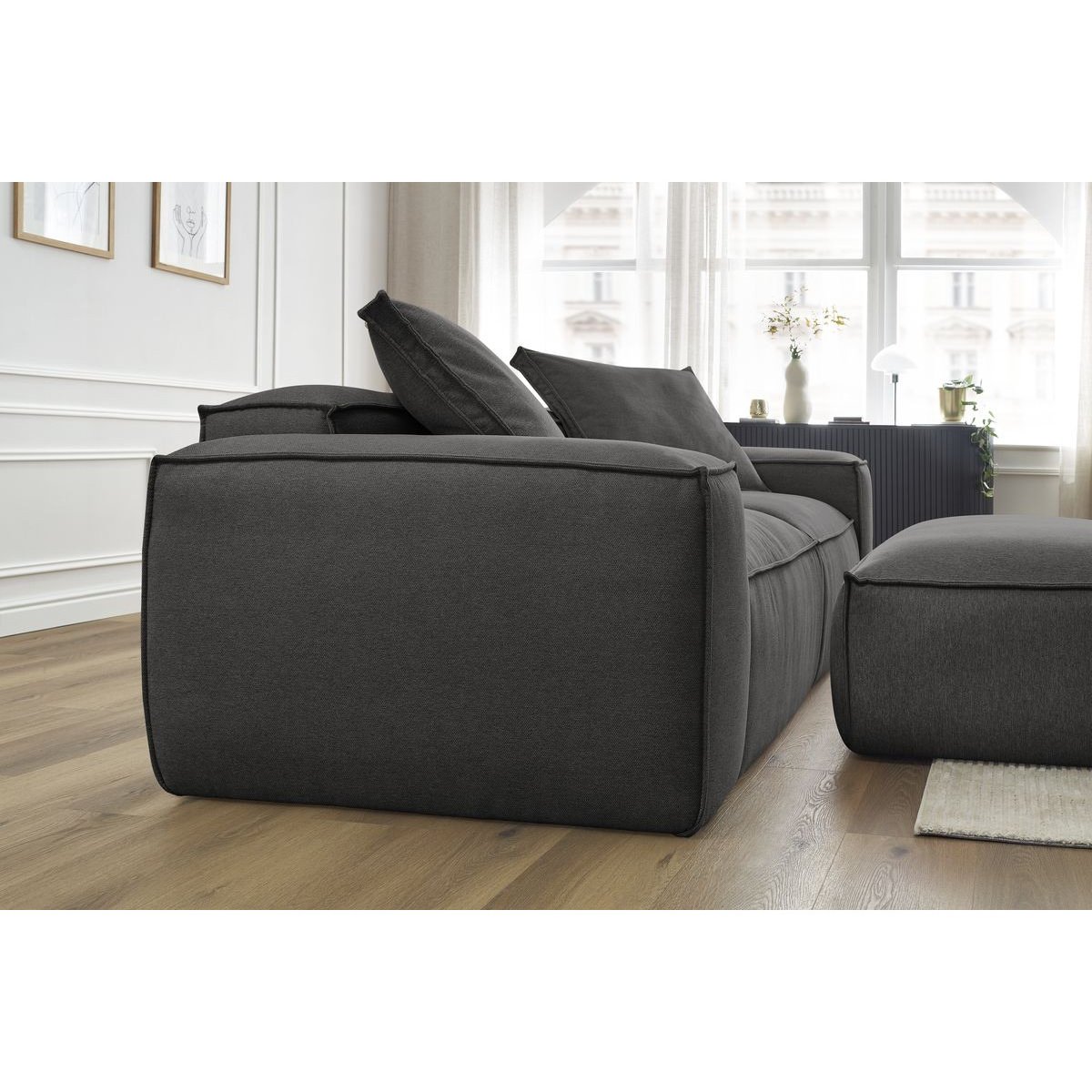 Canapé droit fixe 4 places en tissu chiné avec pouf, BOHEME gris foncé, BOBOCHIC