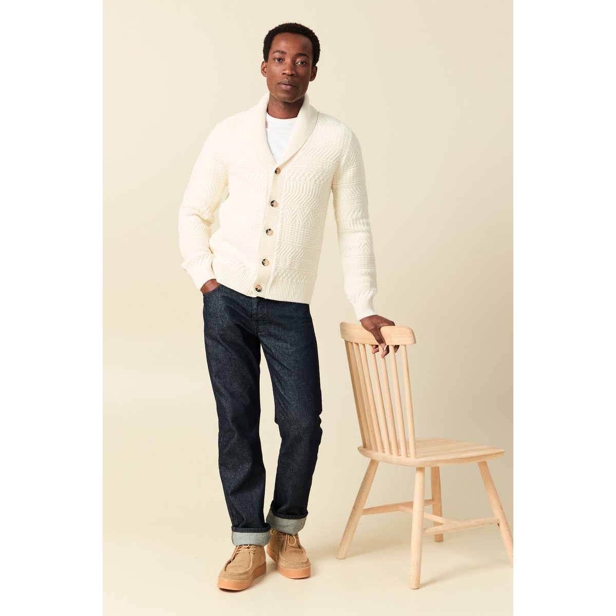 Gilet manches longues col châle ecru, BONOBO