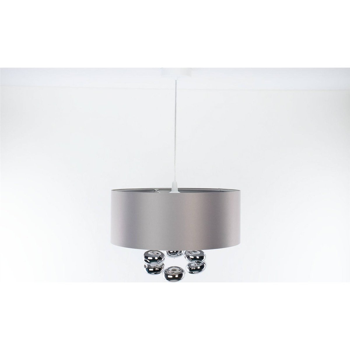 Suspension ronde en tissu boules décoratives Bubble Light gris satin avec finition argent mat, BPS KONCEPT
