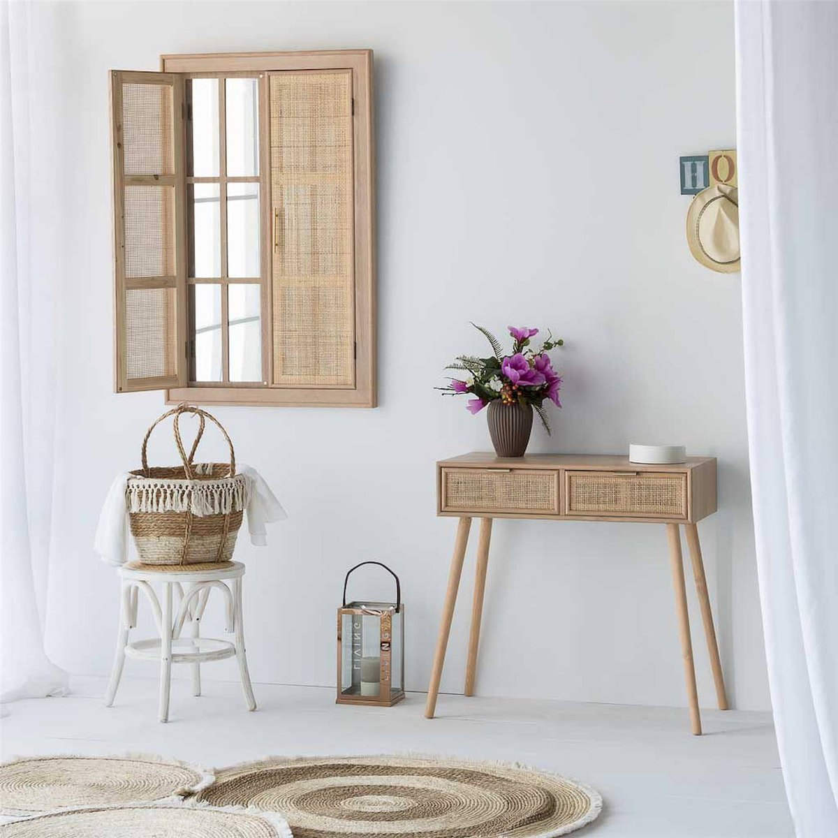 Console en bois et cannage, 2 tiroirs naturel bois clair et cannage, RECOLLECTION