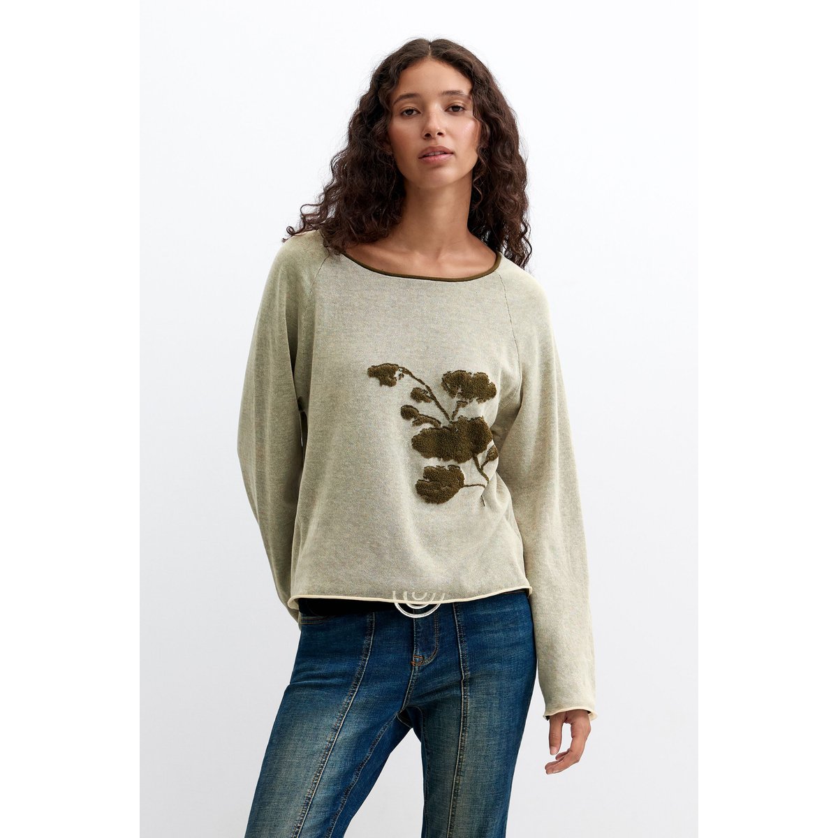 pull fin à fleurs vert, DESIGUAL
