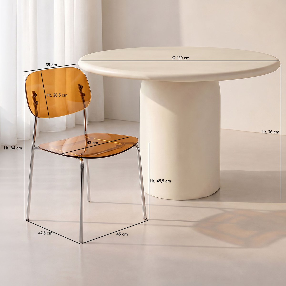Table ronde effet béton Ø120cm avec 4 chaises GLAM couleur unique, NOW'S HOME