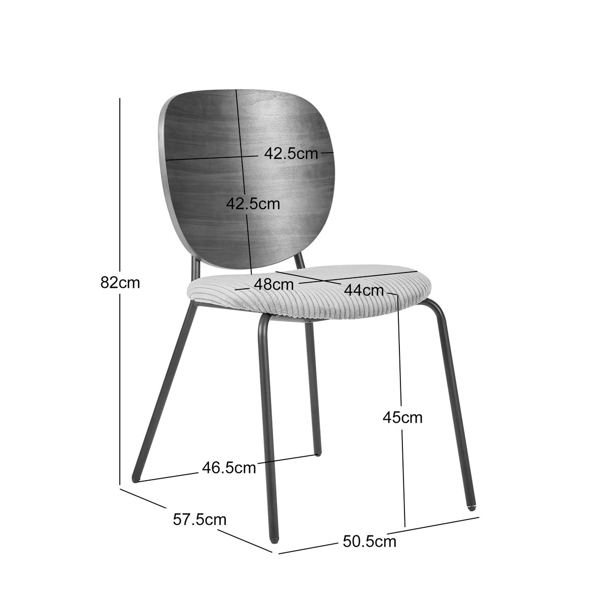 Lot de 2 chaises de salle à manger en bois, métal et velours côtelé, ORUM gris, NORDLYS