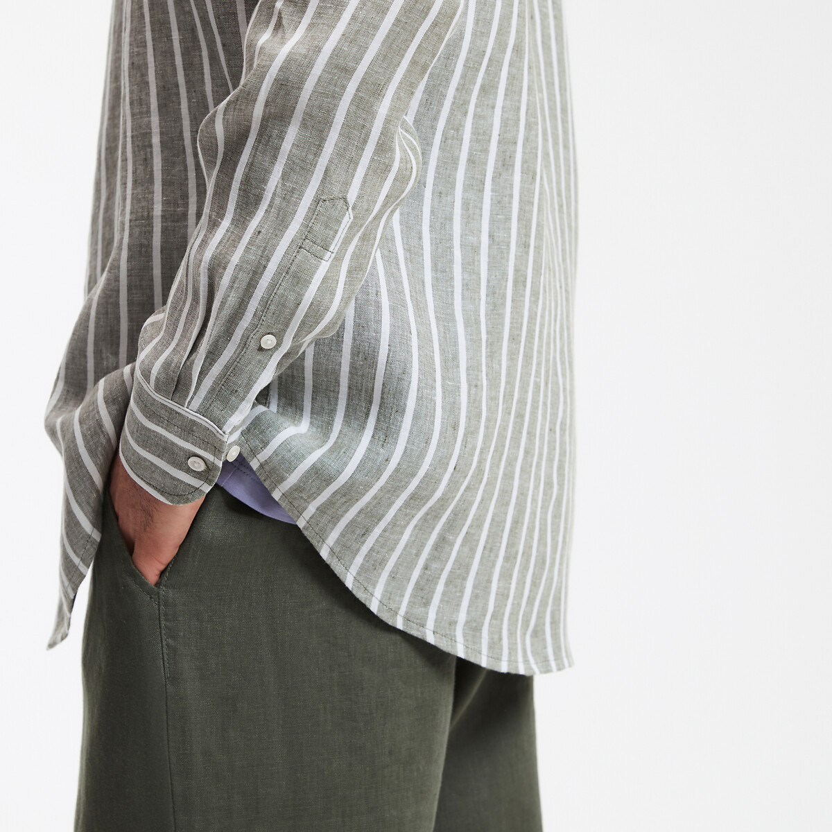 Straight Striped Linen Shirt with Mandarin Collar green/white stripes, LA REDOUTE COLLECTIONS