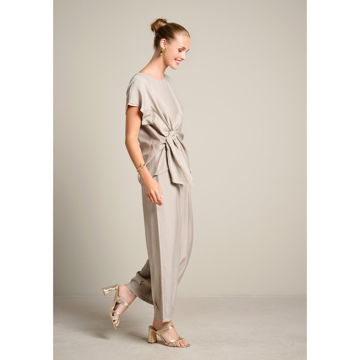Pantalon barrel structuré taupe, LOLALIZA