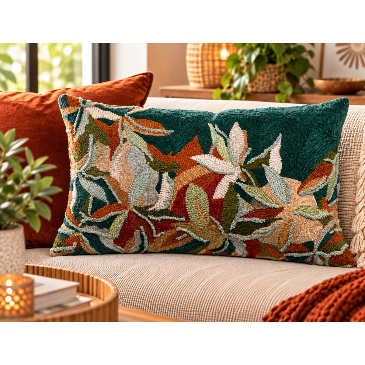 Coussin brodé Escale Singulière petrole, EDEN