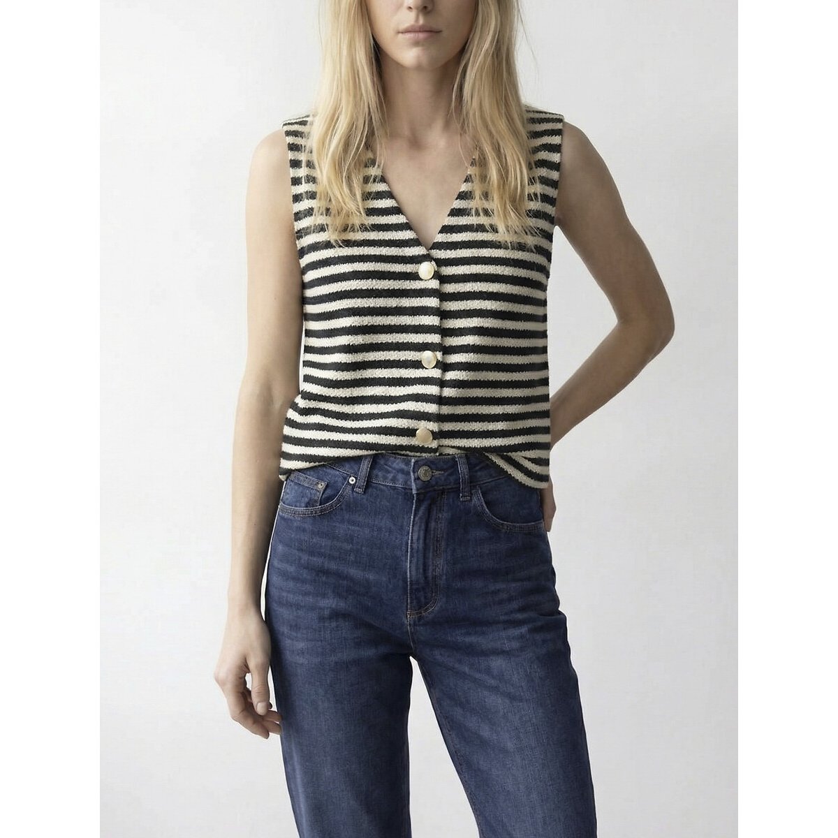 Sleeveless V-Neck Cardigan black/ecru striped, VILA