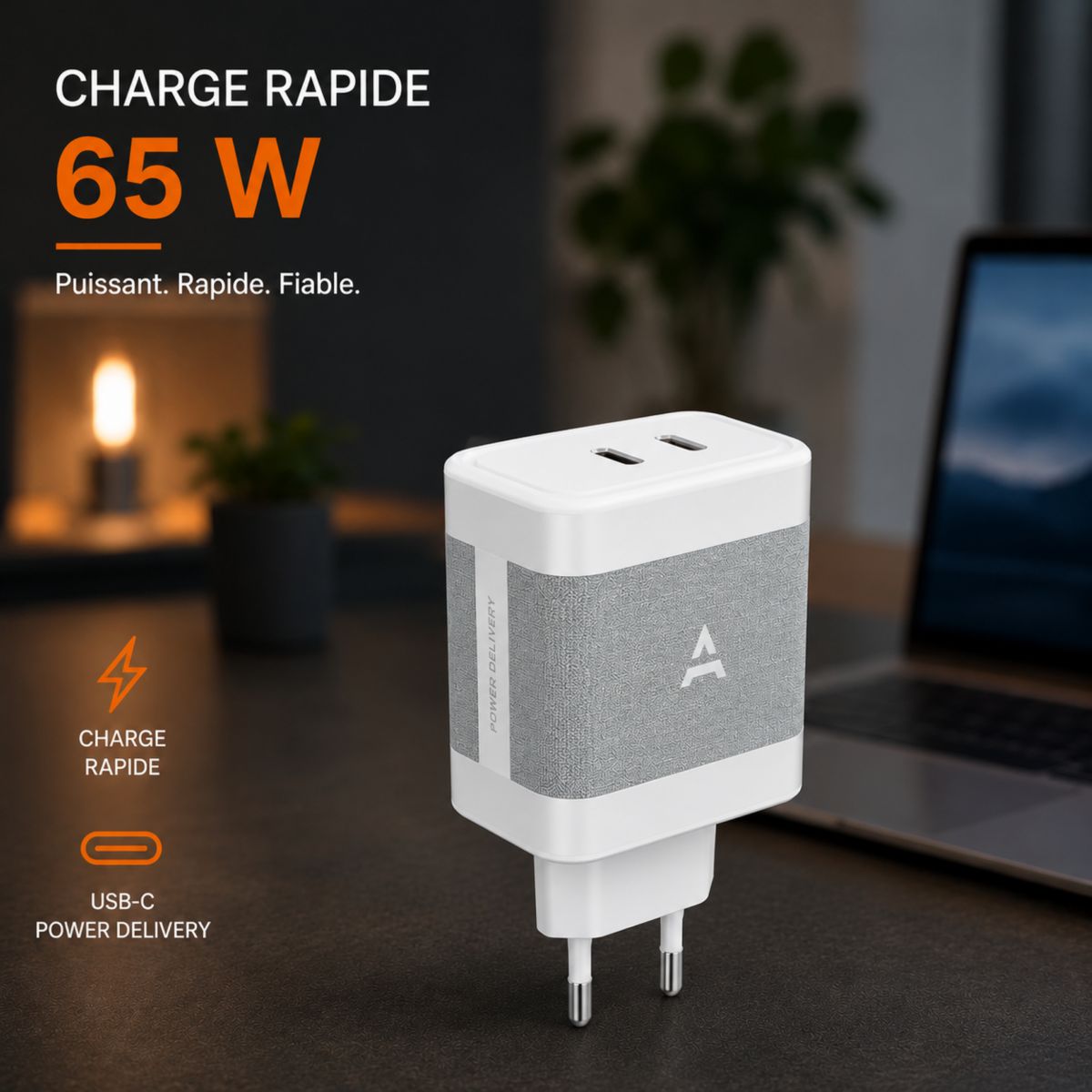 Chargeur ordinateur portable 65W charge rapide 2 USB-C blanc, ADEQWAT