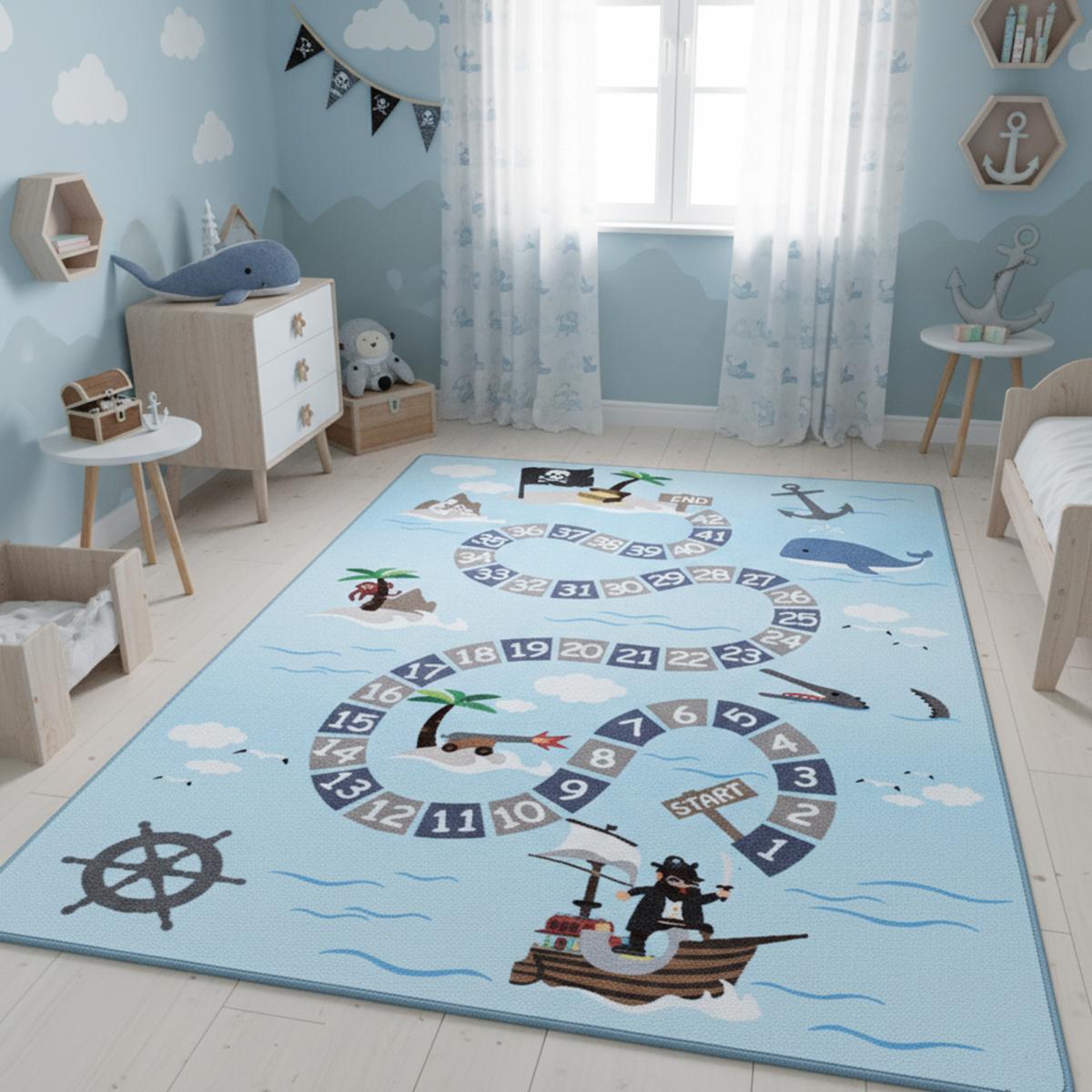 Tapis enfant Lavable 30° TRESORS bleu, UN AMOUR DE TAPIS