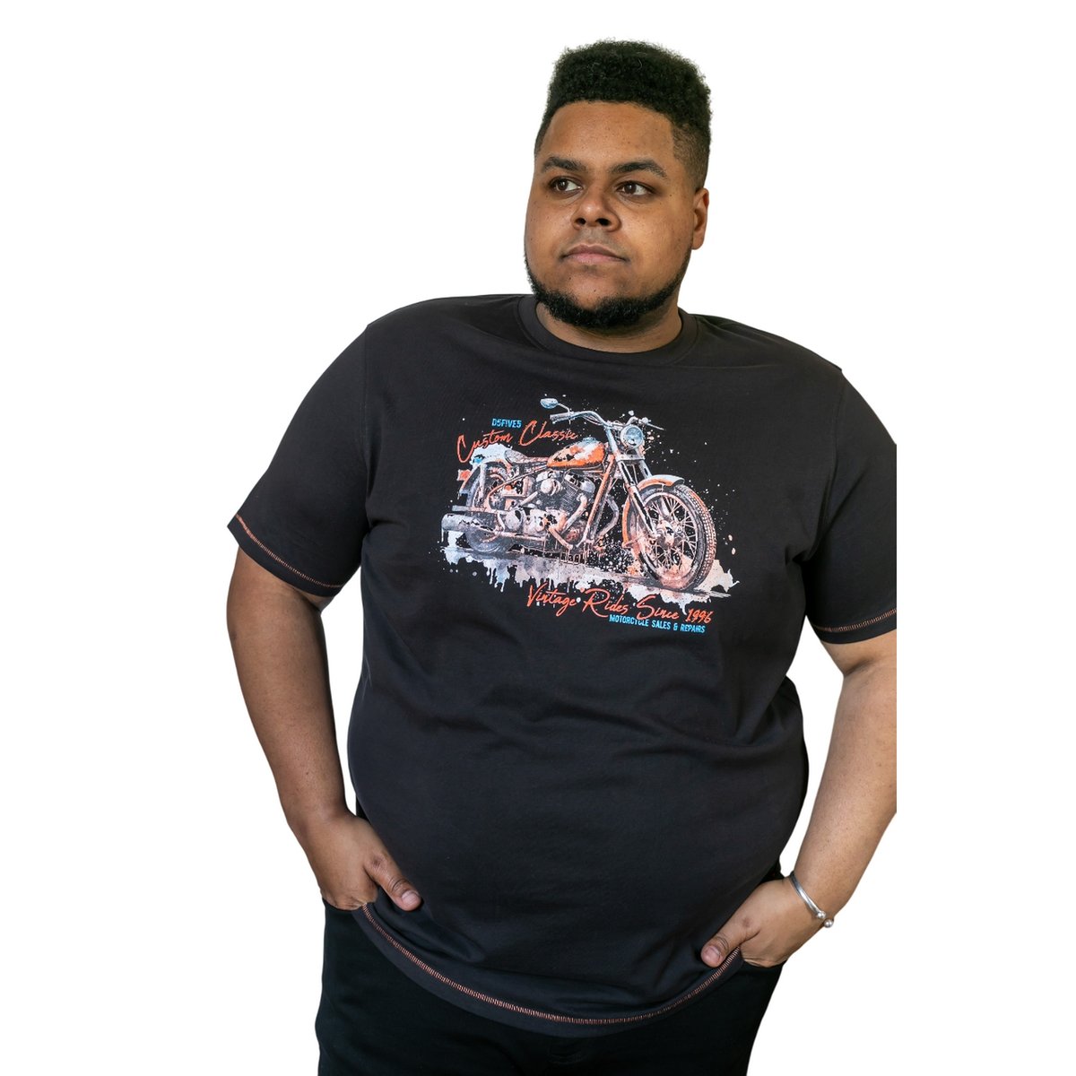 T-shirt motif/style moto grande taille LORNE noir délavé imprimé, DUKE